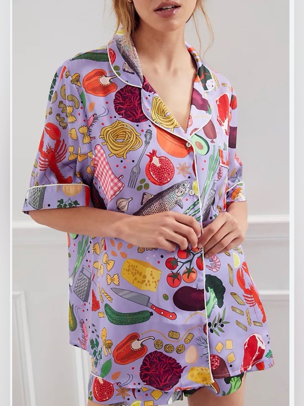 Anthropologie Lavender Pajama Set with Colorful Food Print